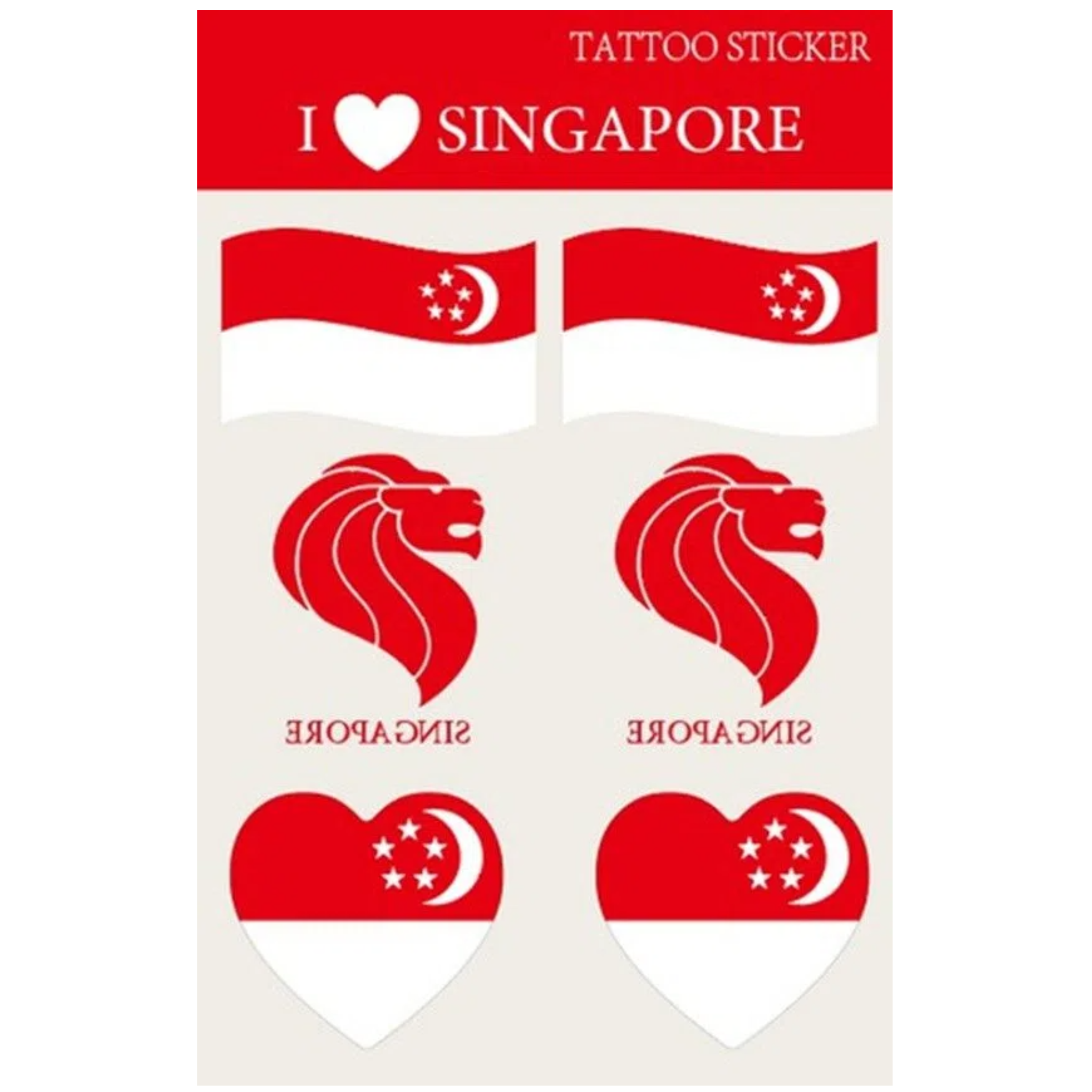 Singapore Flag Lion Head Tattoo Sticker 6/sheet 3.3x5cm; 3.3x5cm; 5x5cm x 20 sheets